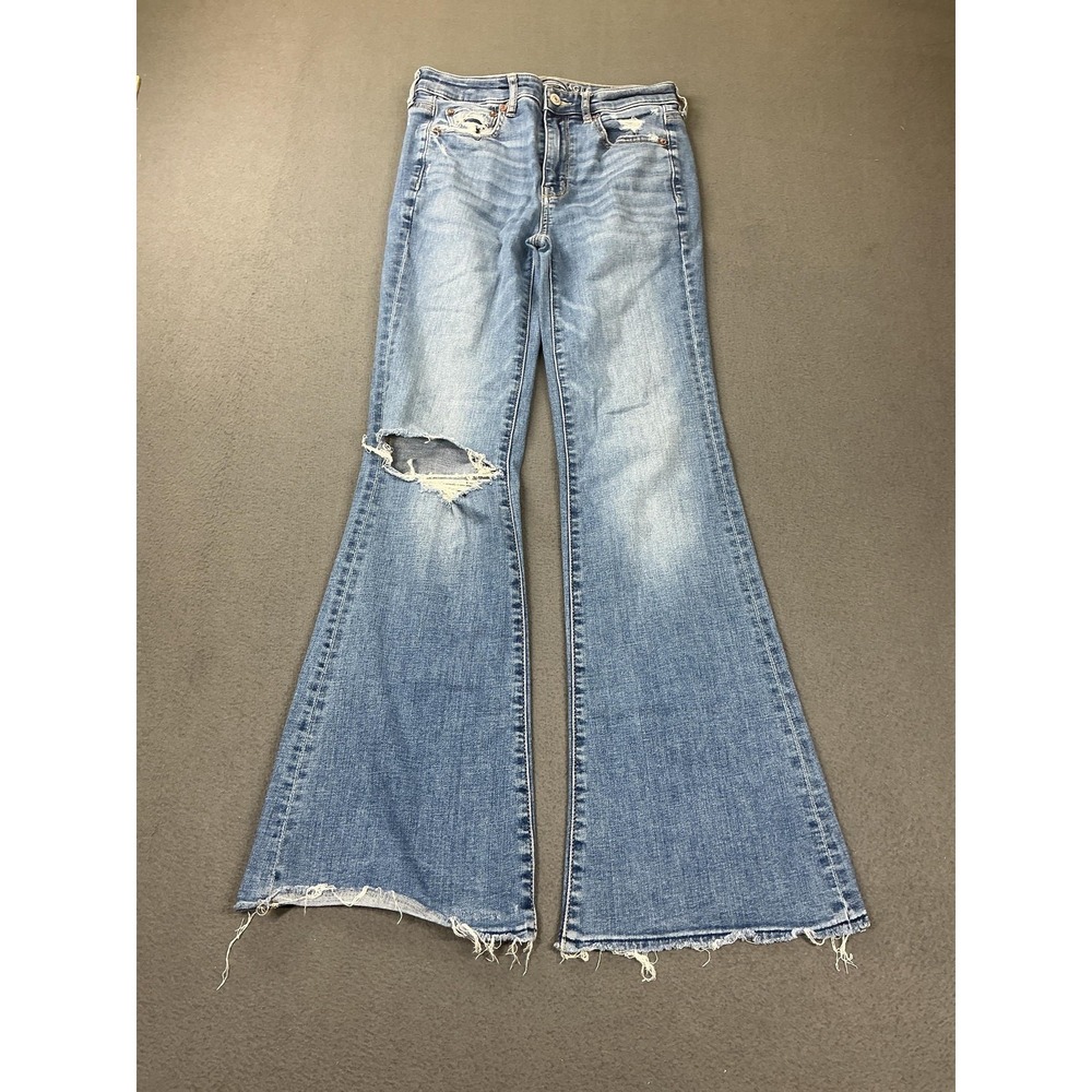American‎ Eagle Super Hi-Rise Flare Jeans Womens 2 Blue Medium Wash Distressed